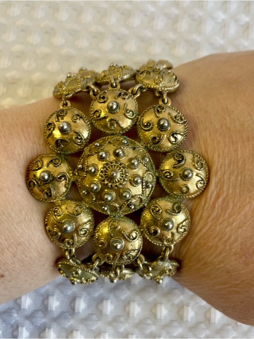 Vintage Etruscan Revival Gilt Link Statement Bracelet Antique Gold Tone #652